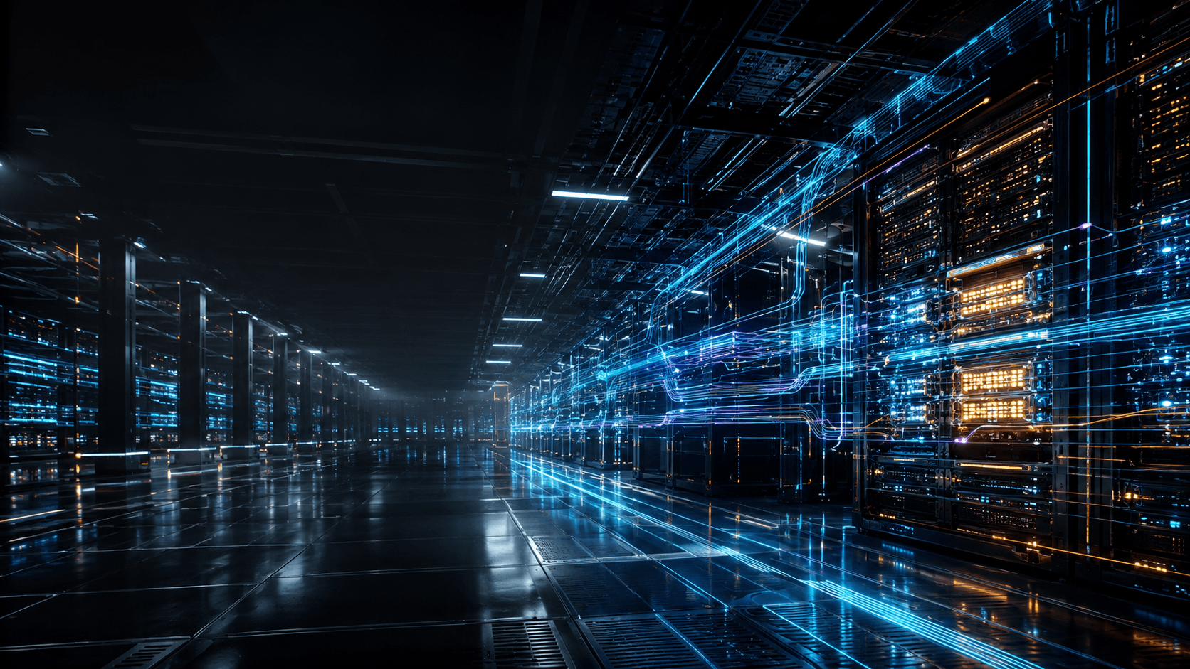 Rows of server racks in a data center lit with blue light